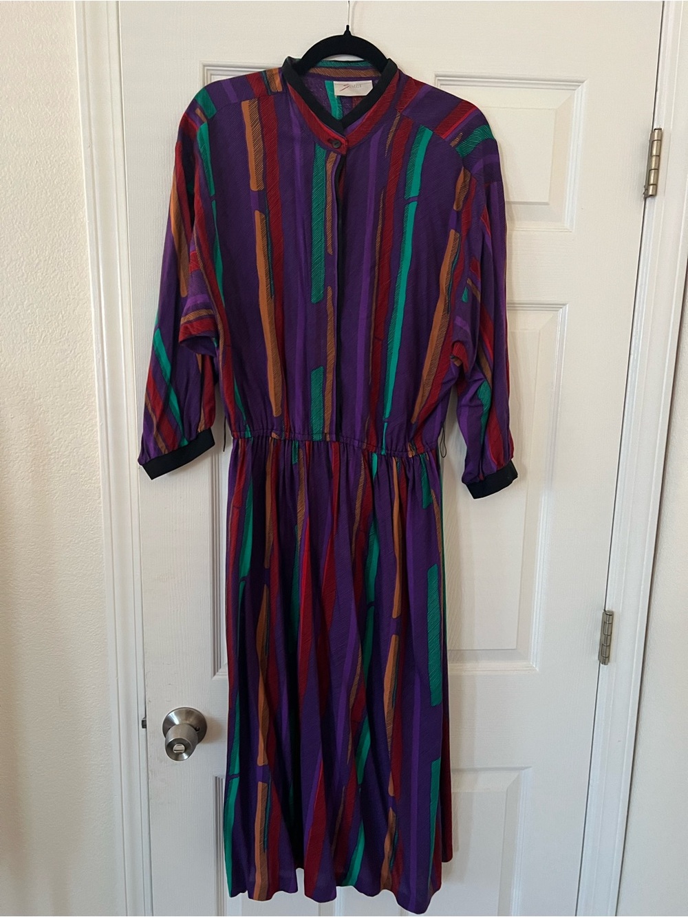Striped Purple Midi Dress with Multicolor Vertical Accents
